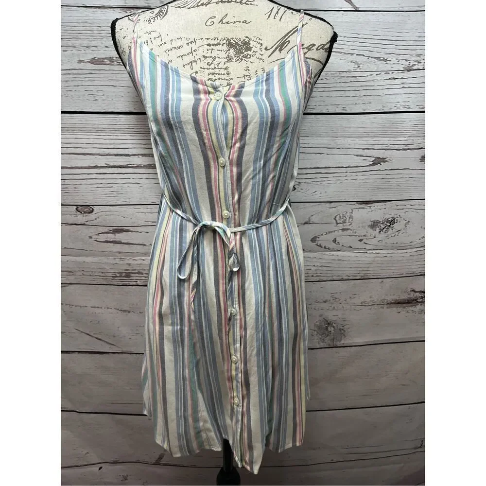 Striped Button Front Tie Waist Cami‎ Dress